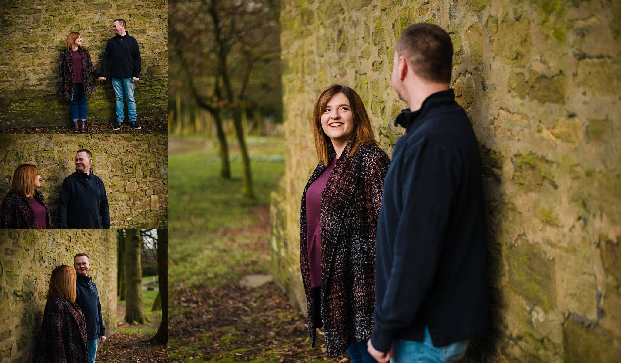 A collage of four photos showing a woman and a man during an outdoor winter engagement photo session next to a stone wall, capturing both candid and posed moments.
