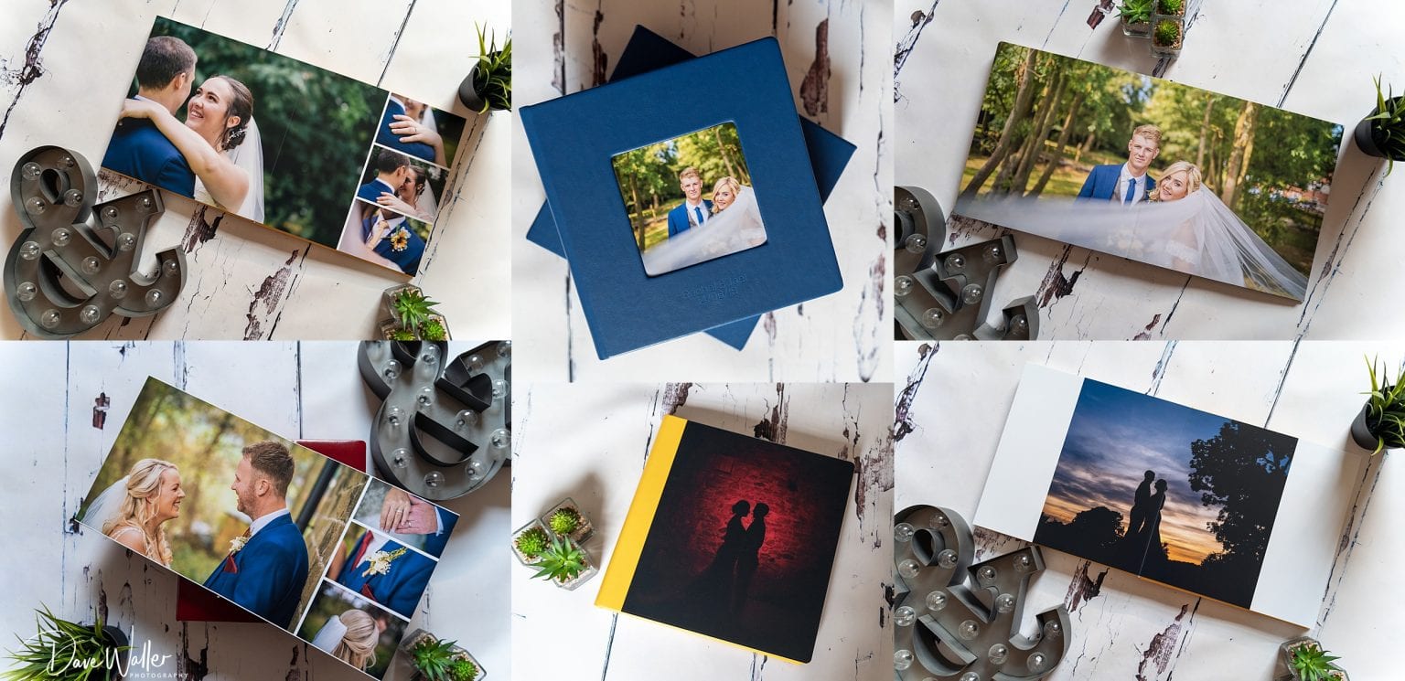 A wedding album of photos spread out on a rustic wooden surface, showcasing memorable moments and the happy couple in various romantic settings, with decorative elements adding to the celebratory mood.