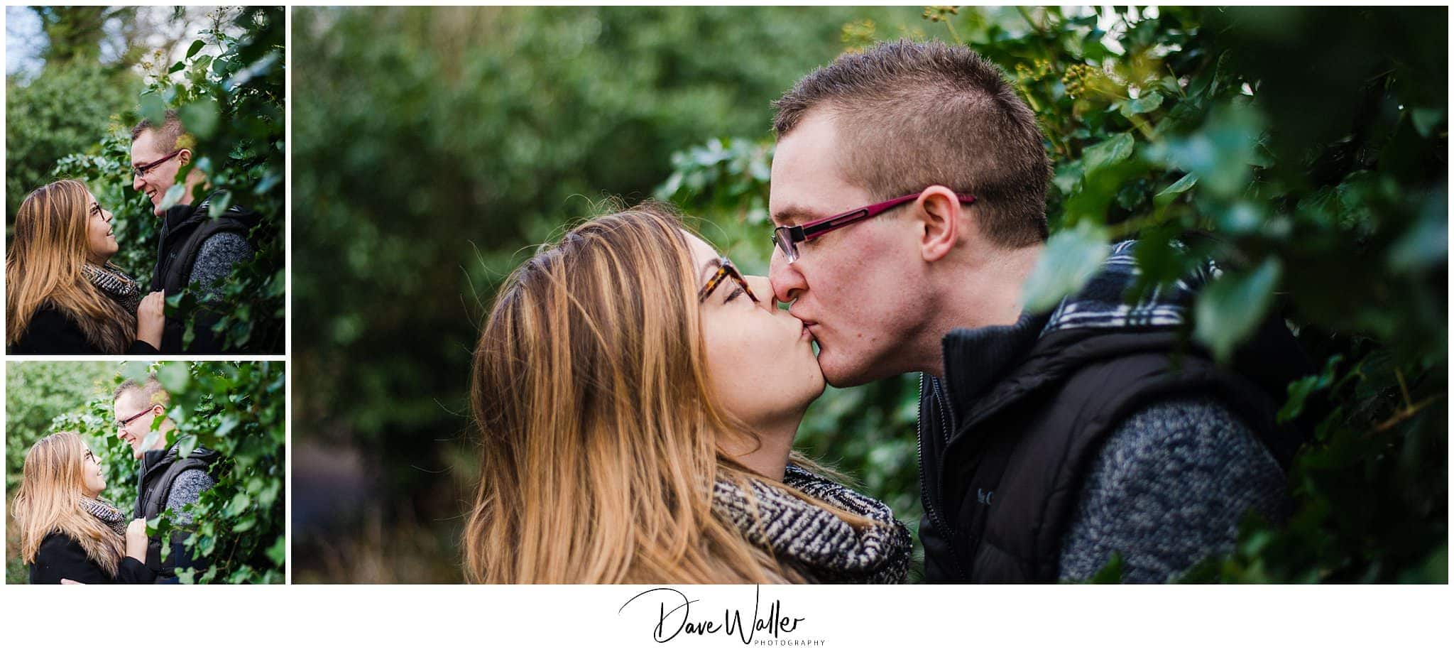A collage of three images capturing Connie & Daniel's affectionate moment, as they kiss and embrace among green foliage during their Easter engagement shoot.