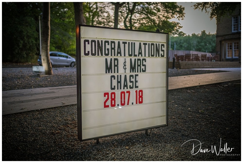 A sign celebrating the summer wedding of Mr. & Mrs. Chase at The Venue, Storthes Hall, dated July 28, 2018.