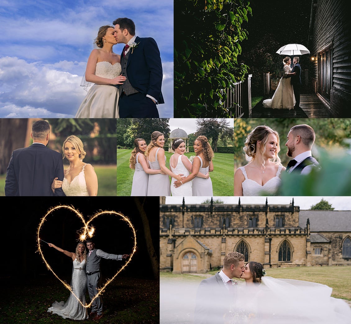 A collage of romantic wedding moments, showcasing a newlywed couple's love across various settings in West Yorkshire, from a sunlit embrace to a nighttime sparkler celebration.