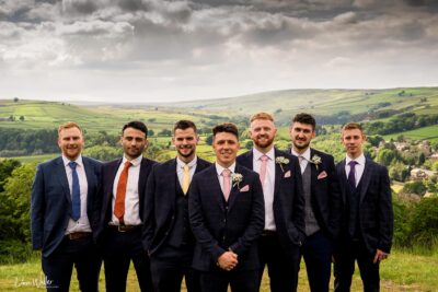 groom and his groomsmen on the wedding day taken at Holmfirth Vineyard