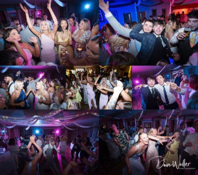 Energetic dance floor at lively wedding celebration.