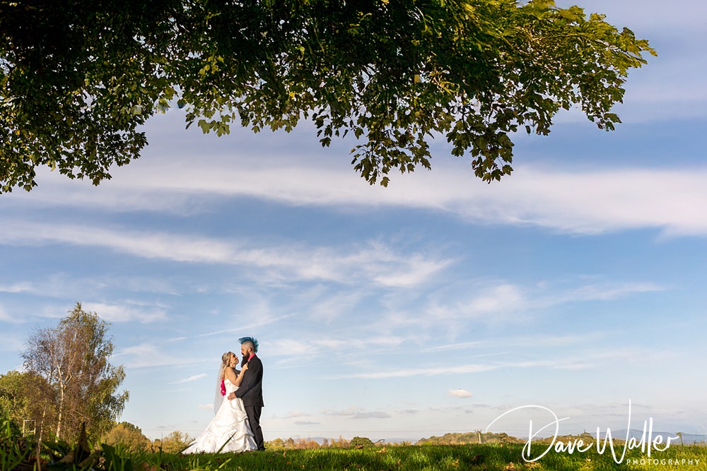 Bride and groom under tree on sunny day.