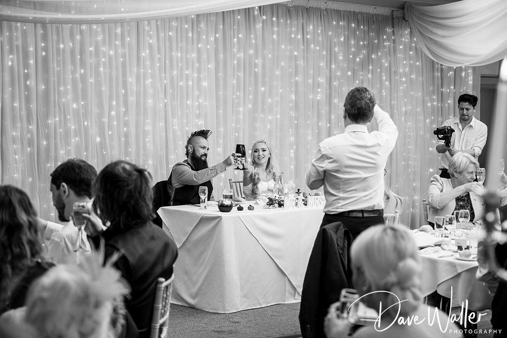 Wedding reception toast with guests and bride.