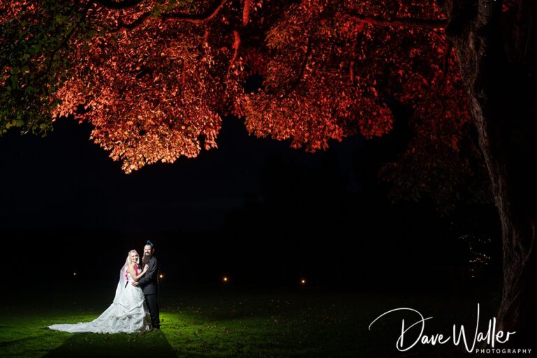 Couple under illuminated red tree at night wedding.