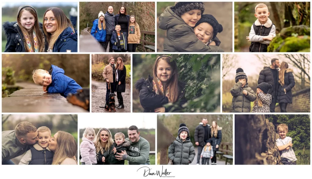Families smiling together outdoors in autumn settings.