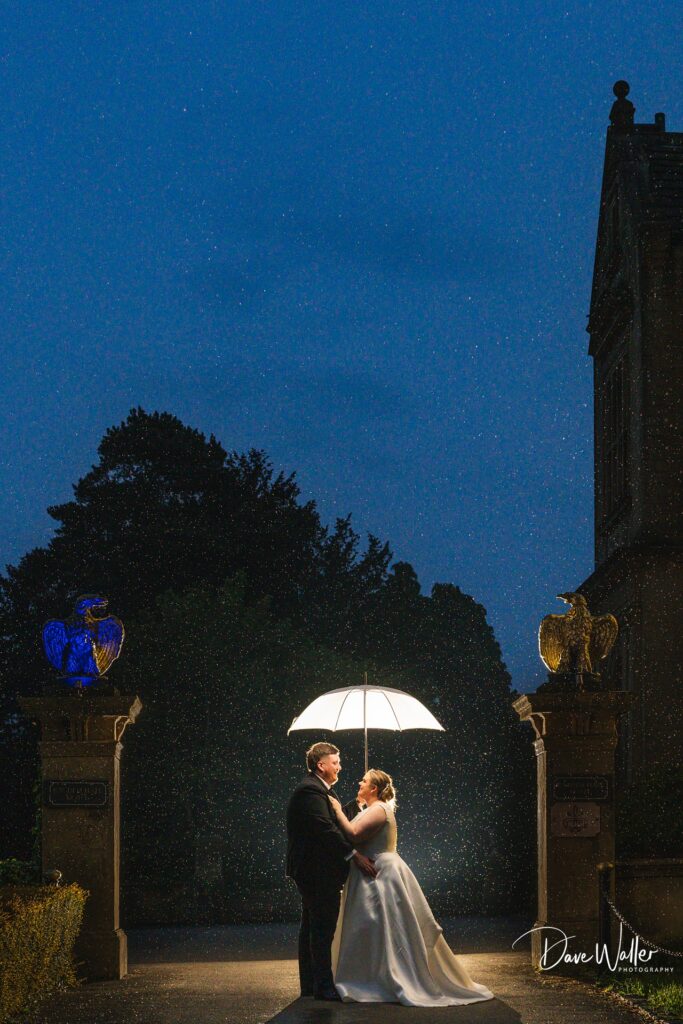 Bride and groom under umbrella at night