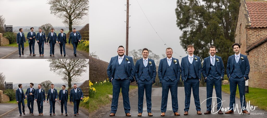 Groomsmen in blue suits standing and walking outdoors.