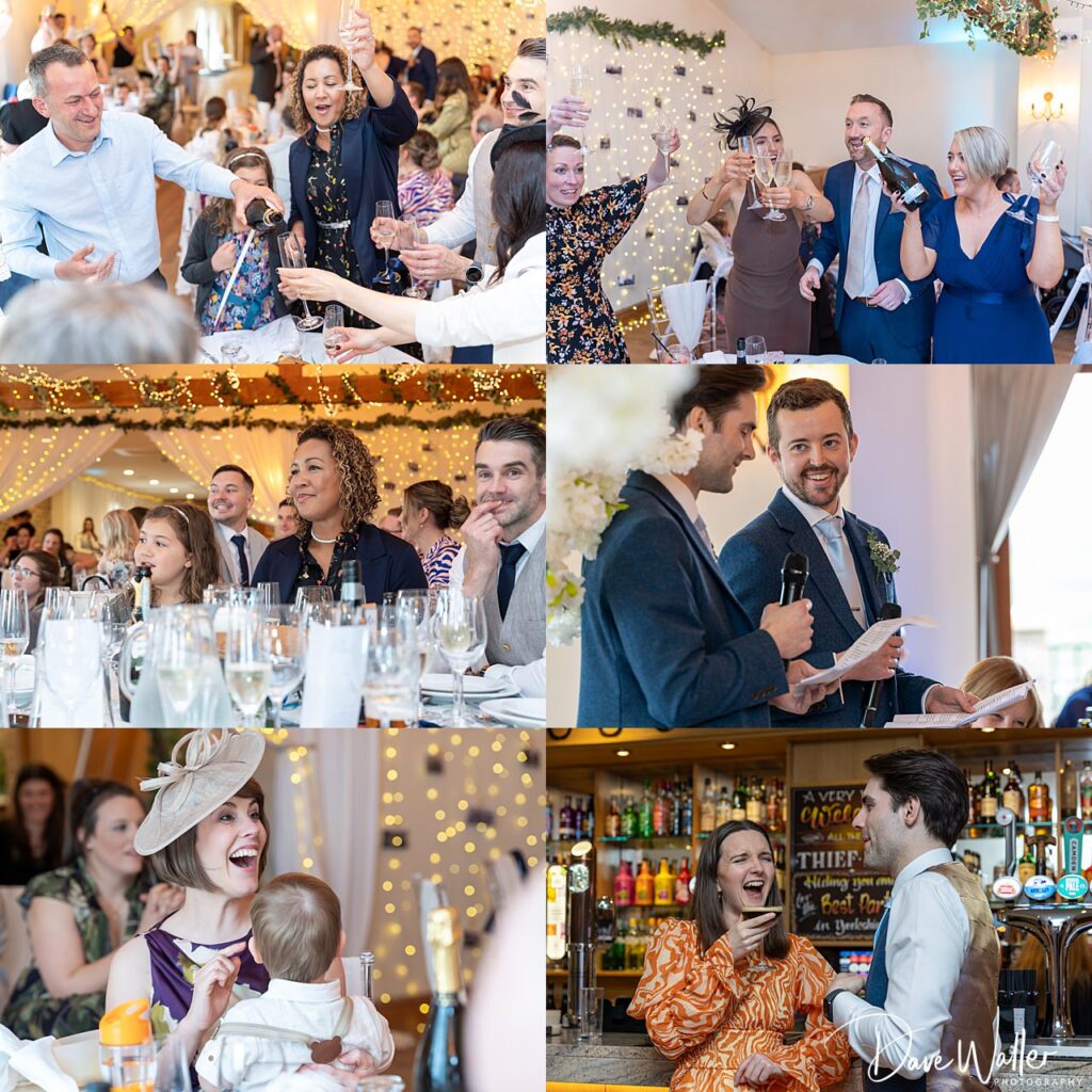 Celebration with guests raising glasses and giving speeches.