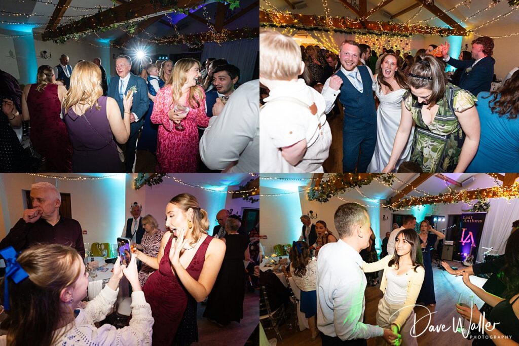 Guests dancing at lively wedding reception.