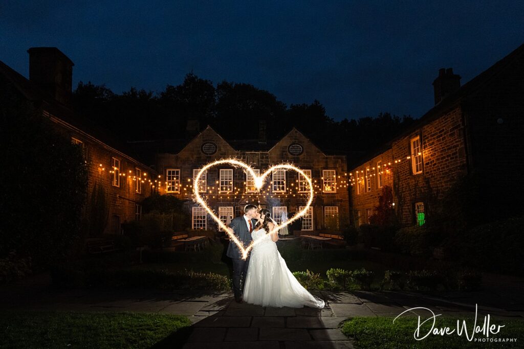 Bride and groom kiss under sparkler heart
