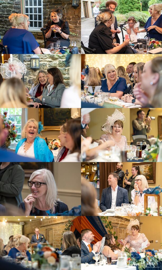 Group enjoying a lively wedding reception indoors.