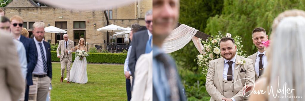 Bride walks down the aisle towards groom, outdoor wedding.