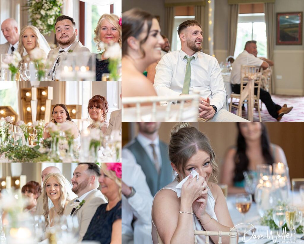 Wedding guests smiling and emotional during speeches.