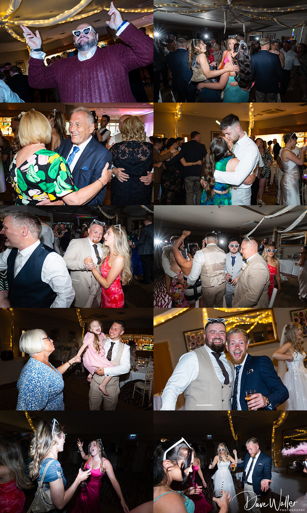 A collage of lively indoor wedding reception scenes at Bagden Hall Hotel shows guests, including Jordan and Libby, dancing, laughing, hugging, and celebrating under string lights. Everyone appears joyful in party attire, enjoying the festive atmosphere.