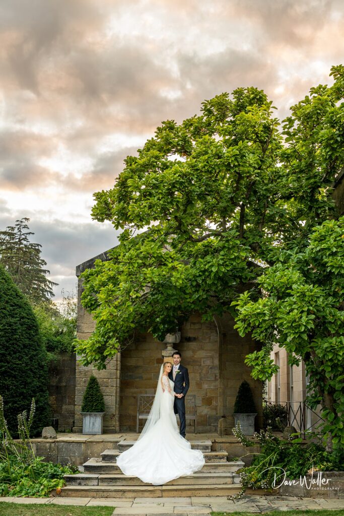 Bride and groom under tree in scenic stone garden.