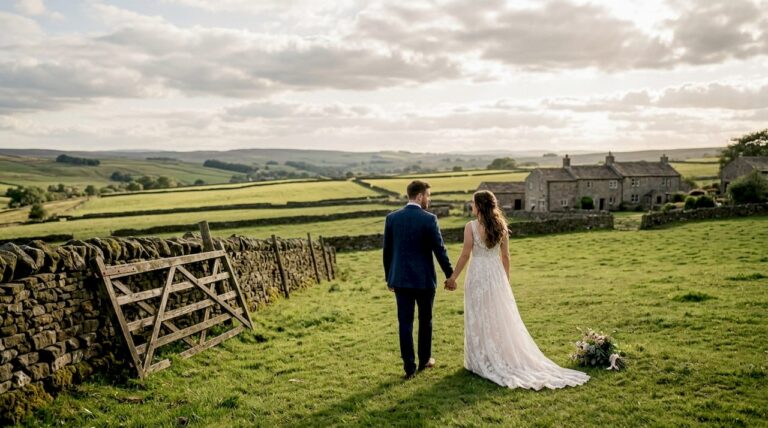 Bride and groom on West Yorkshire hillside